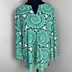 Talbots Terry Cloth Top Large P Green Split Neck Medallion Print‎ Beach Coverup